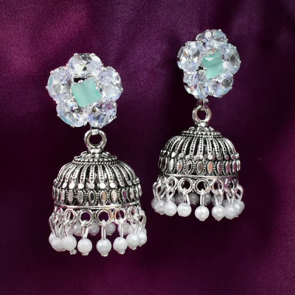 JEEZSA Stylish Jhumka Earrings for Women, Silver Tone with Crystals, Stones and Beads, Indian Style