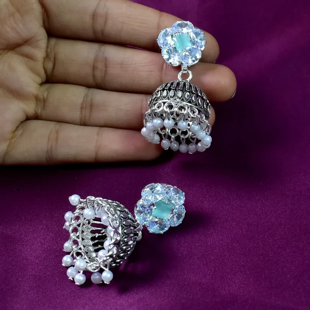 JEEZSA Stylish Jhumka Earrings for Women, Silver Tone with Crystals, Stones and Beads, Indian Style