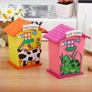 JEEZSA Cute Cartoon House Shaped Lovely Wooden Piggy Bank Money Bank