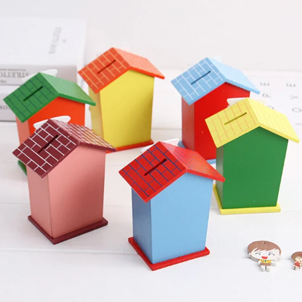 JEEZSA Cute Cartoon House Shaped Lovely Wooden Piggy Bank Money Bank