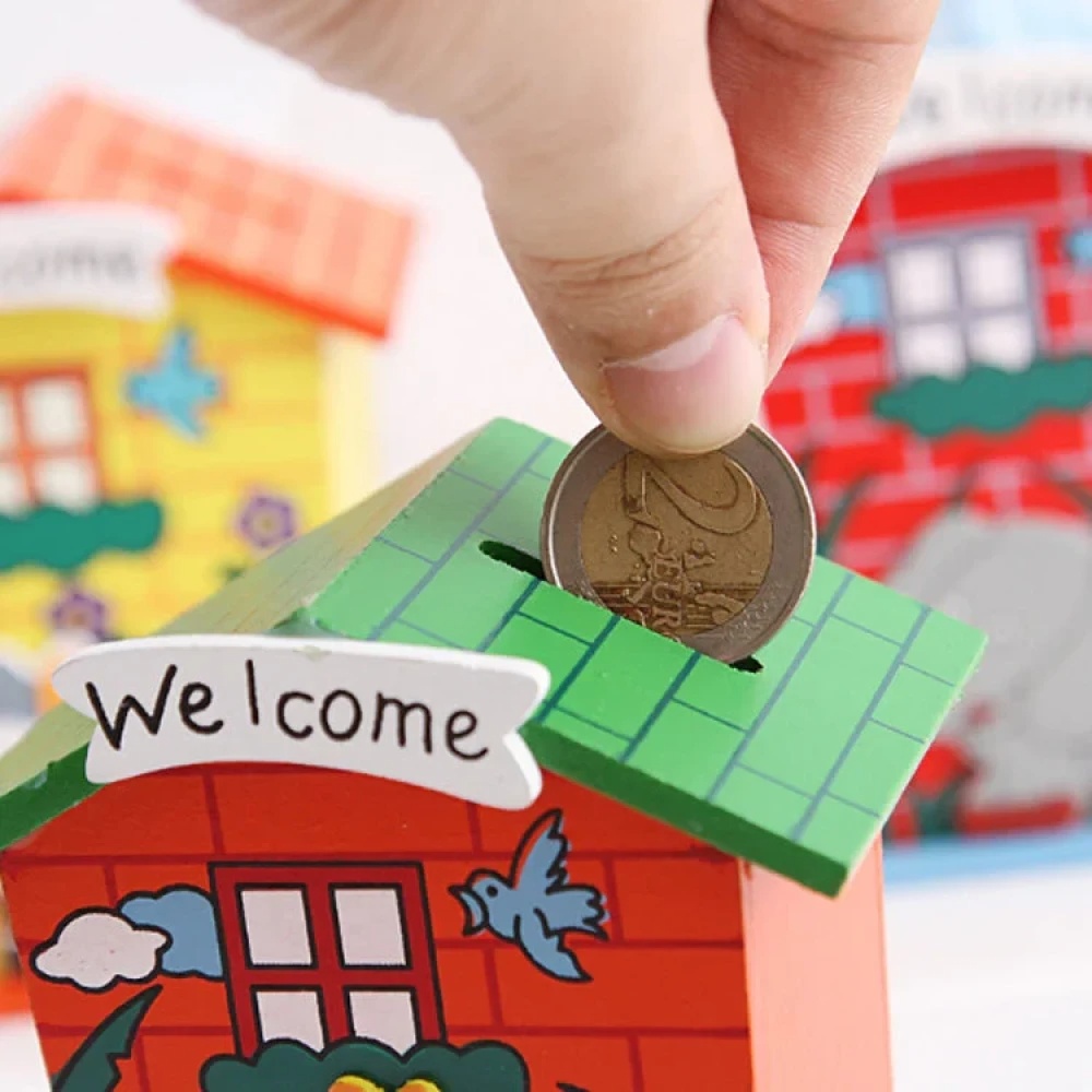 JEEZSA Cute Cartoon House Shaped Lovely Wooden Piggy Bank Money Bank