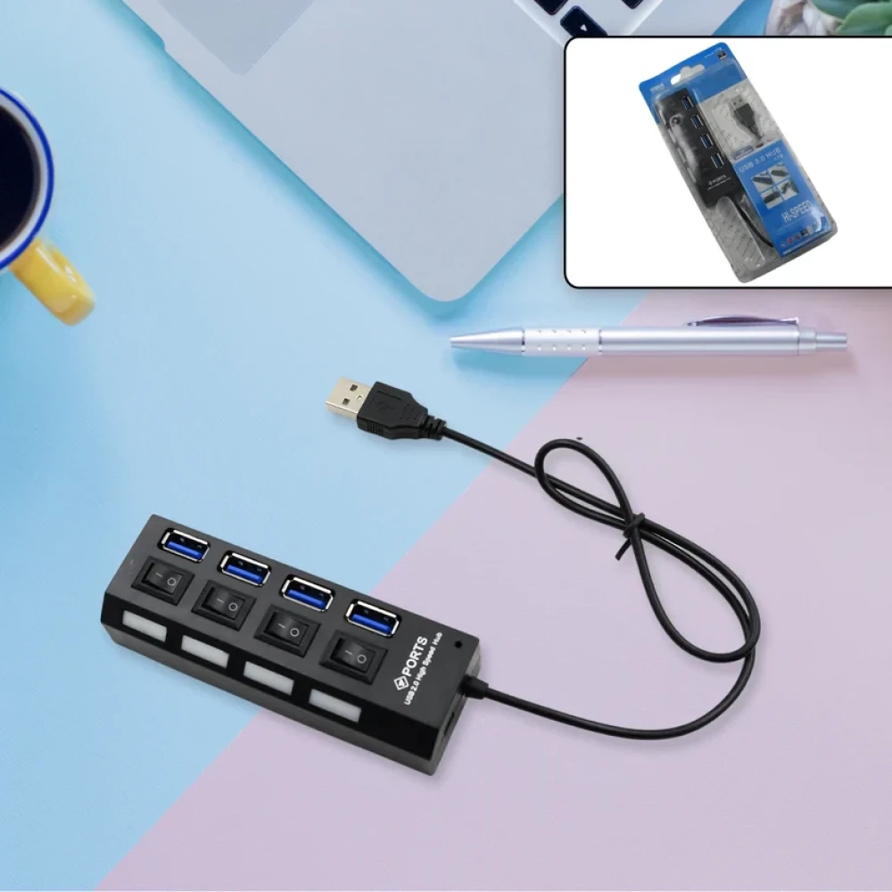 JEEZSA 4 Port USB, HUB USB 2.0 HUB Splitter High Speed with On/Off Switch Multi LED Adapter Compatible with Tablet Laptop Computer Notebook