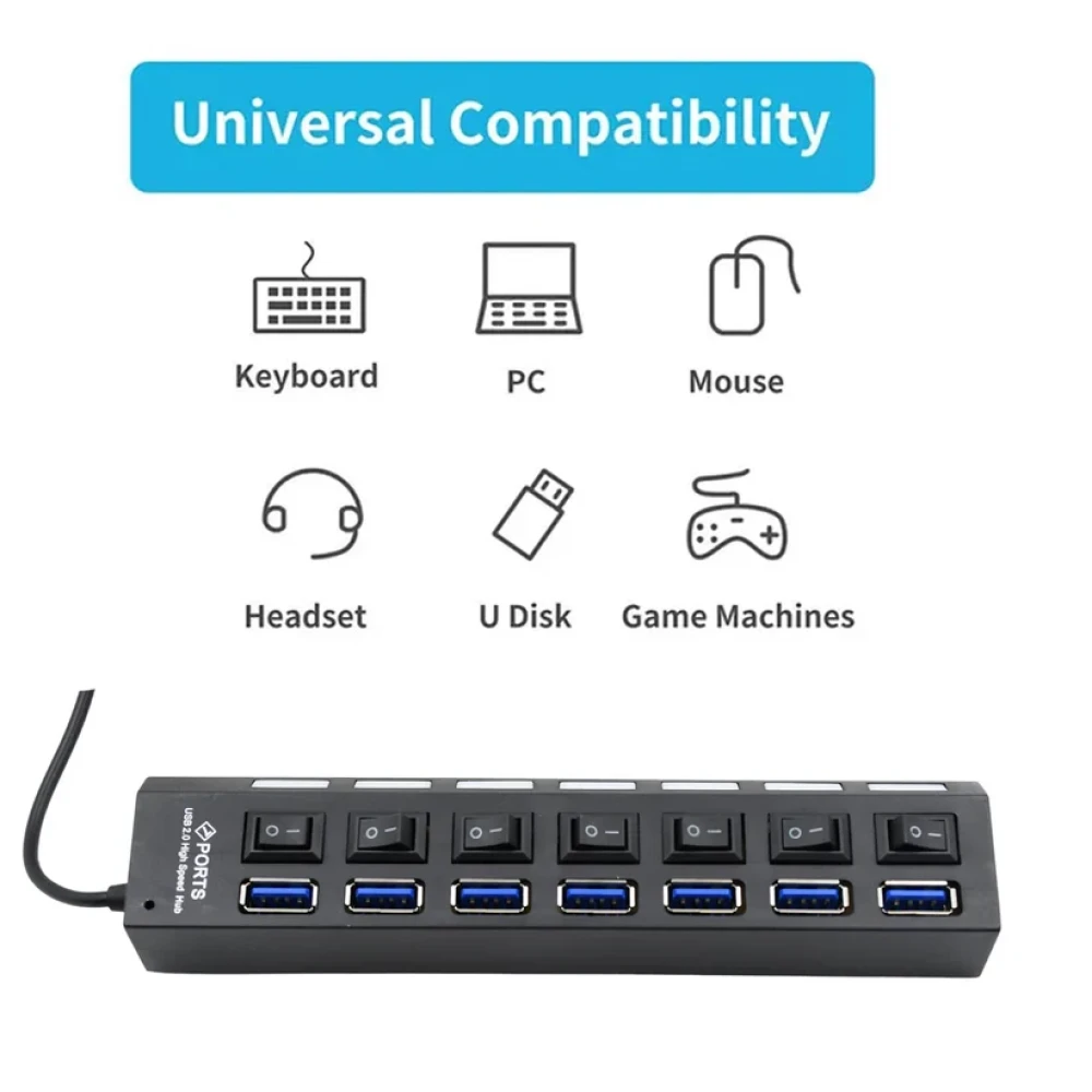 JEEZSA USB Splitter Multi Port USB 2.0 Hub, 7 Port with Independent On/Off Switch and LED Indicators USB A Port Data Hub, Suitable for PC Computer Keyboard Laptop Mobile HDD, Flash Drive Etc