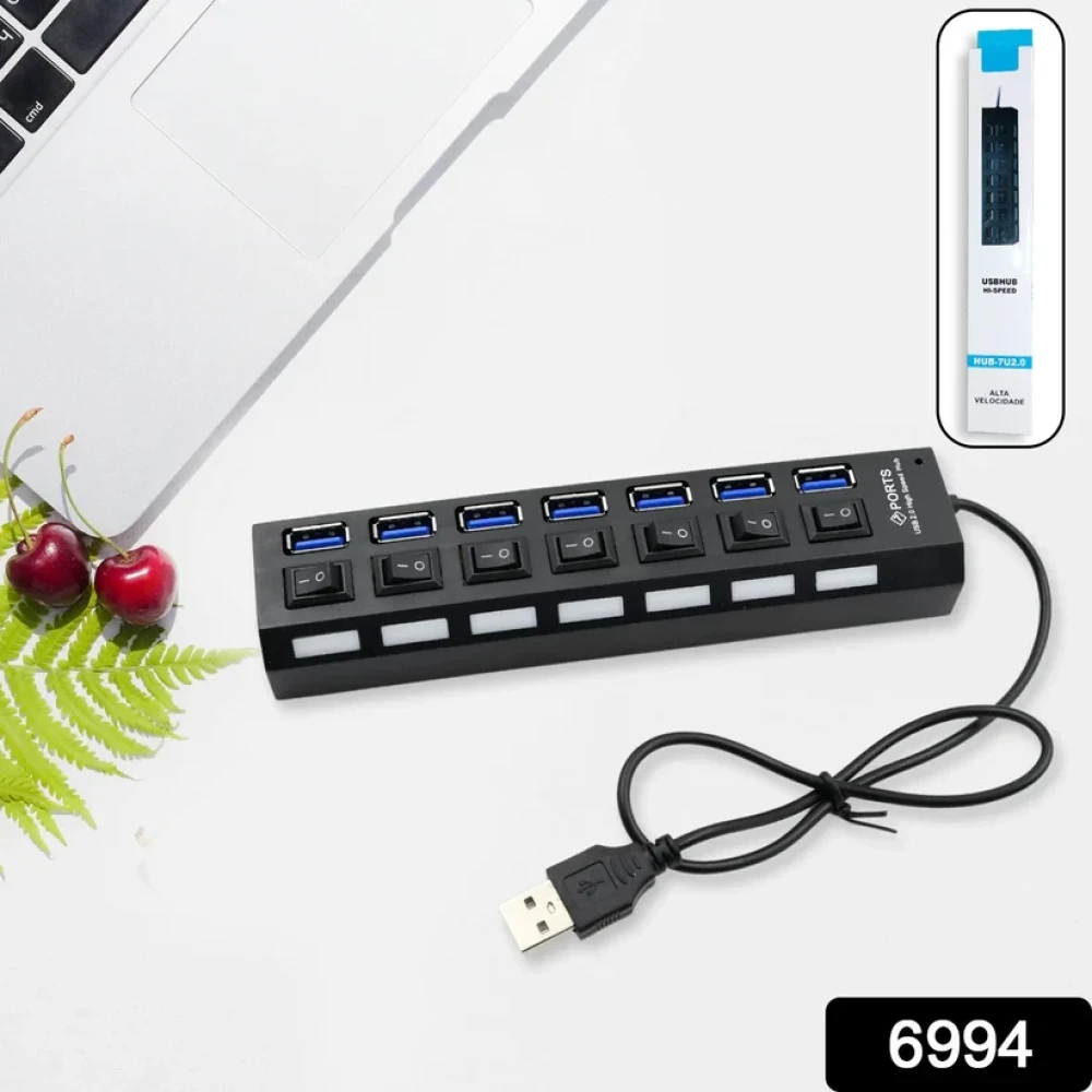 JEEZSA USB Splitter Multi Port USB 2.0 Hub, 7 Port with Independent On/Off Switch and LED Indicators USB A Port Data Hub, Suitable for PC Computer Keyboard Laptop Mobile HDD, Flash Drive Etc