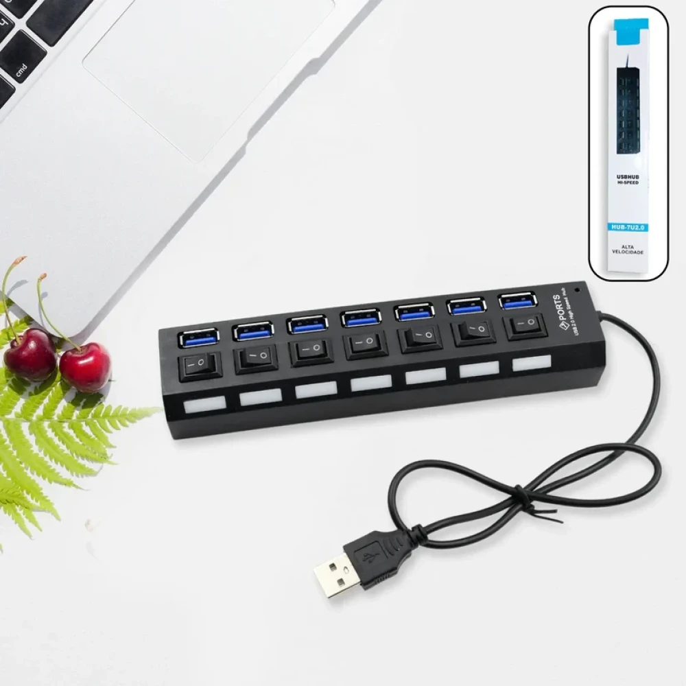 JEEZSA USB Splitter Multi Port USB 2.0 Hub, 7 Port with Independent On/Off Switch and LED Indicators USB A Port Data Hub, Suitable for PC Computer Keyboard Laptop Mobile HDD, Flash Drive Etc