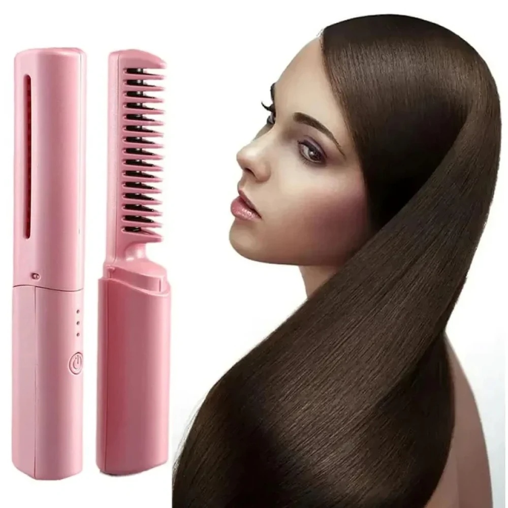 JEEZSA Rechargeable Mini Hair Straightener, Travel Portable USB Charging Cordless Hair Straightener Bursh, Three Temperature Adjustments Flat Iron Comb (1 Pc)