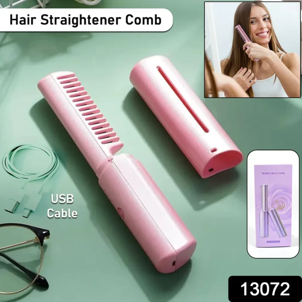 JEEZSA Rechargeable Mini Hair Straightener, Travel Portable USB Charging Cordless Hair Straightener Bursh, Three Temperature Adjustments Flat Iron Comb (1 Pc)