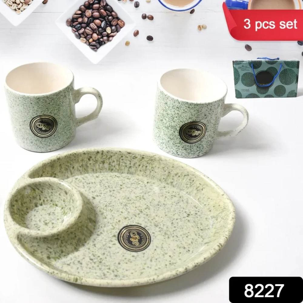 JEEZSA Alpino Ceramic Tea / Cups Set With Plastic Serving 2 Compartment Platter, Milk Cup / Mug, Coffee Cup, Tea Cup BPA Free Food Grade, or Outdoor for Household Gift For Birthday (3 Pcs Set)