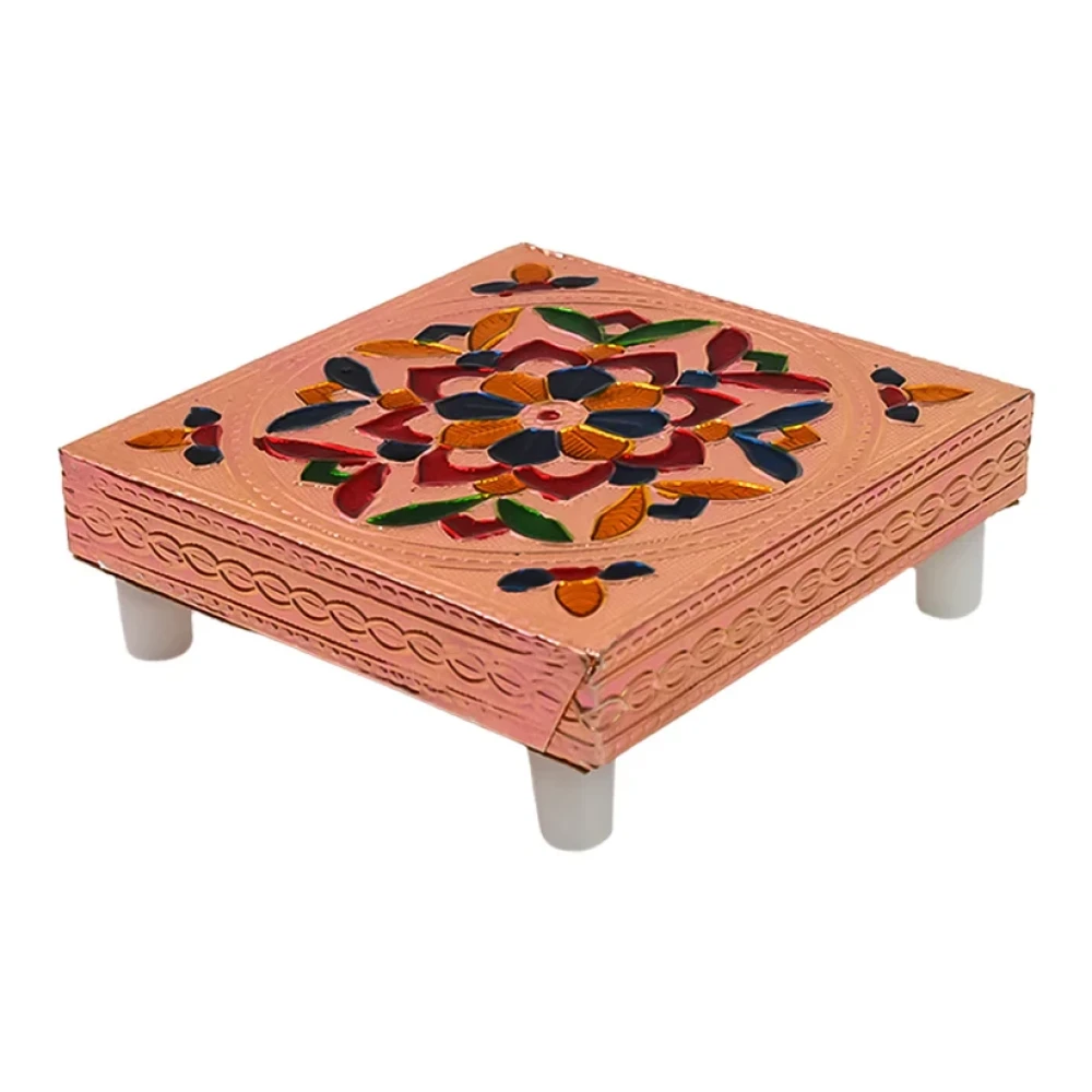 JEEZSA 1 Pc Meenakari Wooden Chowki & Bajot Set: For Home & Office Puja (Multicolor)