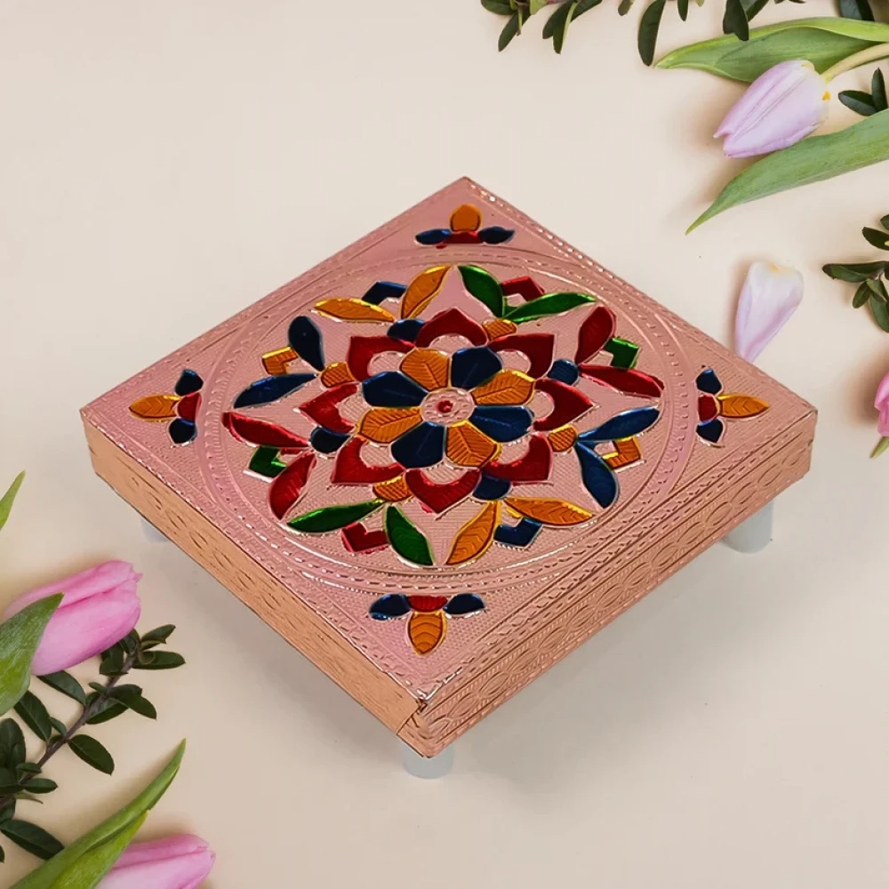JEEZSA 1 Pc Meenakari Wooden Chowki & Bajot Set: For Home & Office Puja (Multicolor)