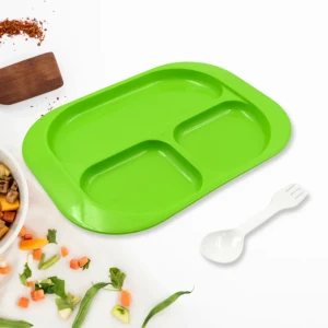 JEEZSA Plastic Food Plates / Biodegradable 3 Compartment Square Plate With Spoon for Food Snacks / Nuts / Desserts Plates for Kids, Reusable Plates for Outdoor, Camping, BPA-free (1 Pc)