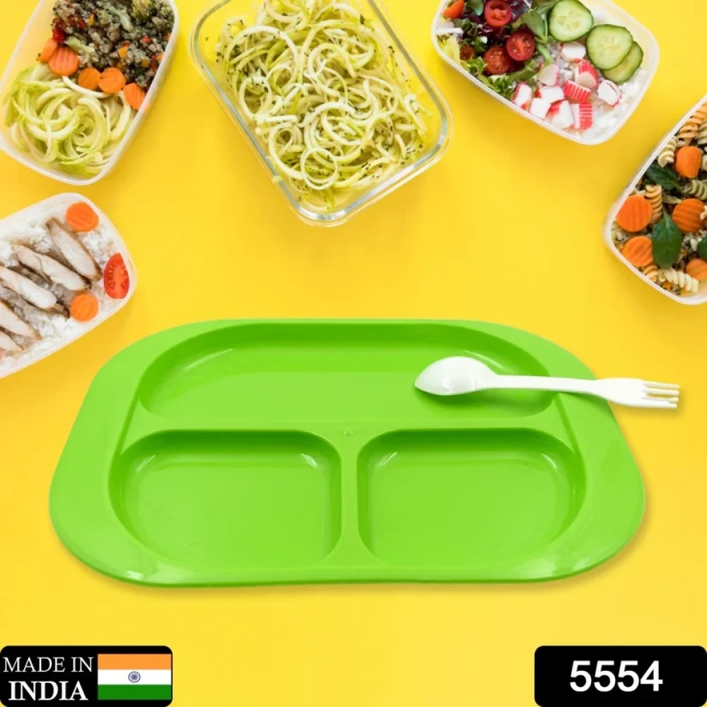 JEEZSA Plastic Food Plates / Biodegradable 3 Compartment Square Plate With Spoon for Food Snacks / Nuts / Desserts Plates for Kids, Reusable Plates for Outdoor, Camping, BPA-free (1 Pc)