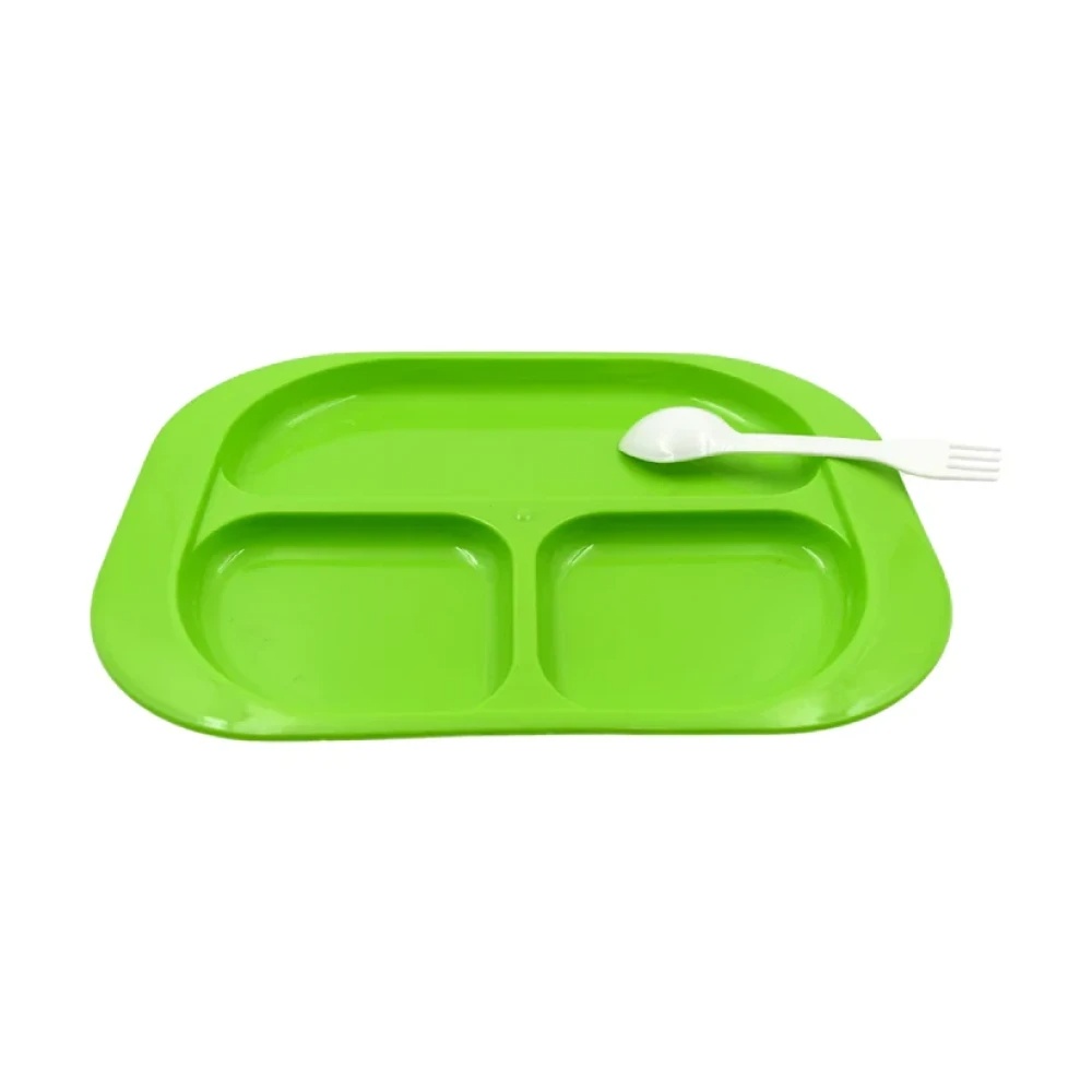 JEEZSA Plastic Food Plates / Biodegradable 3 Compartment Square Plate With Spoon for Food Snacks / Nuts / Desserts Plates for Kids, Reusable Plates for Outdoor, Camping, BPA-free (1 Pc)